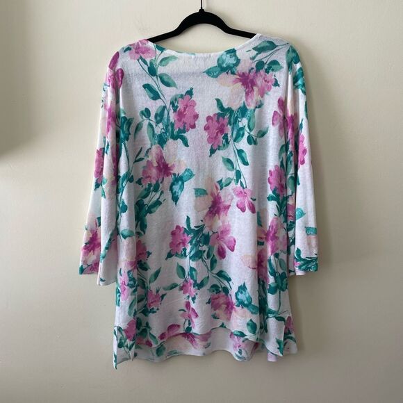 J Jill Floral Linen Blend Sweater Pink Green Size Large 3/4 Sleeve Flowy - Picture 5 of 8
